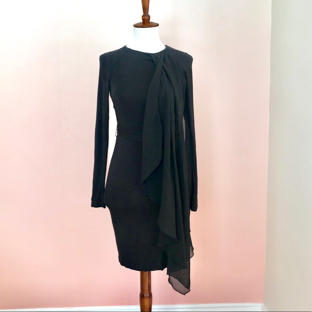 Bebe Bodycon Dress with Sheer Asymmetrical Overlay